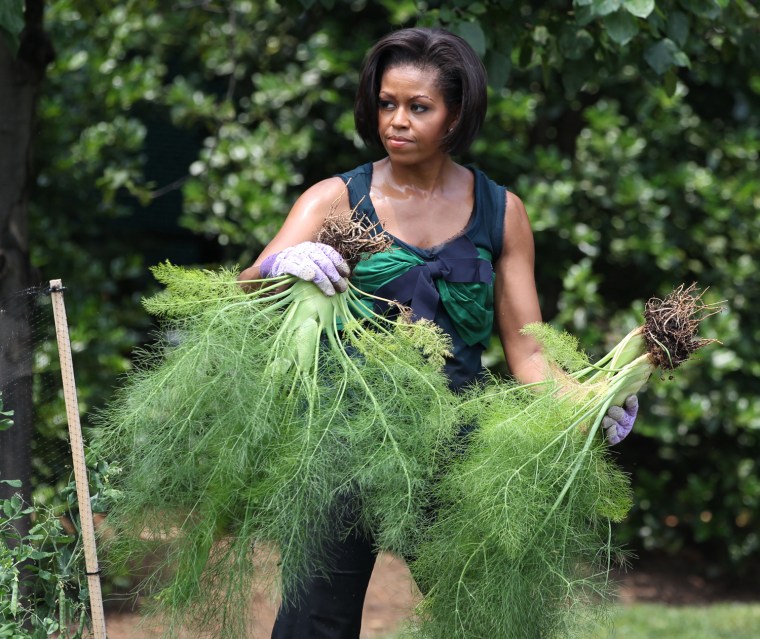 Image: First lady Michelle Obama holds dill while harvesting vegetables in the White House garden in Washington